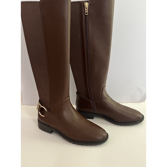 Coach Fitz Riding Boots Women's Size 5.5 B Brown Faux Leather Tall Boots Zip New - Picture 2 of 14